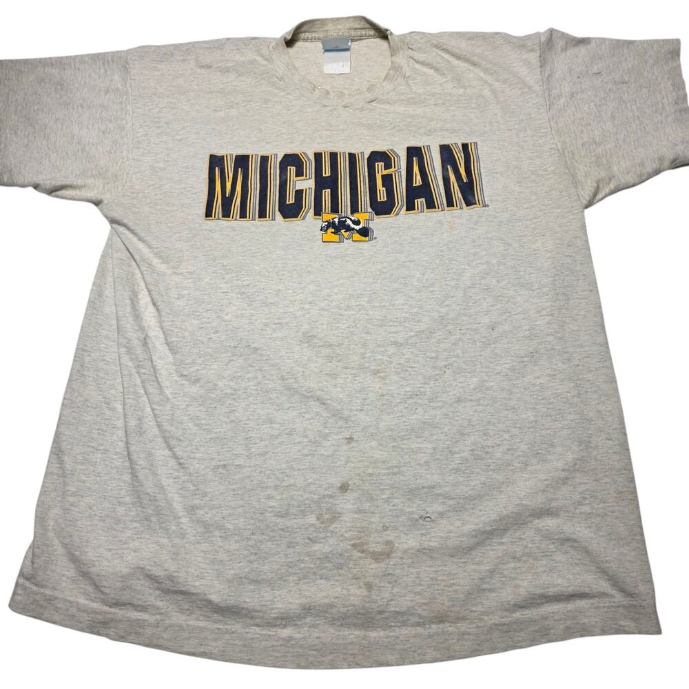 Vintage University Of Michigan Wolverines T-Shirt Size Large Grey 90's Stained